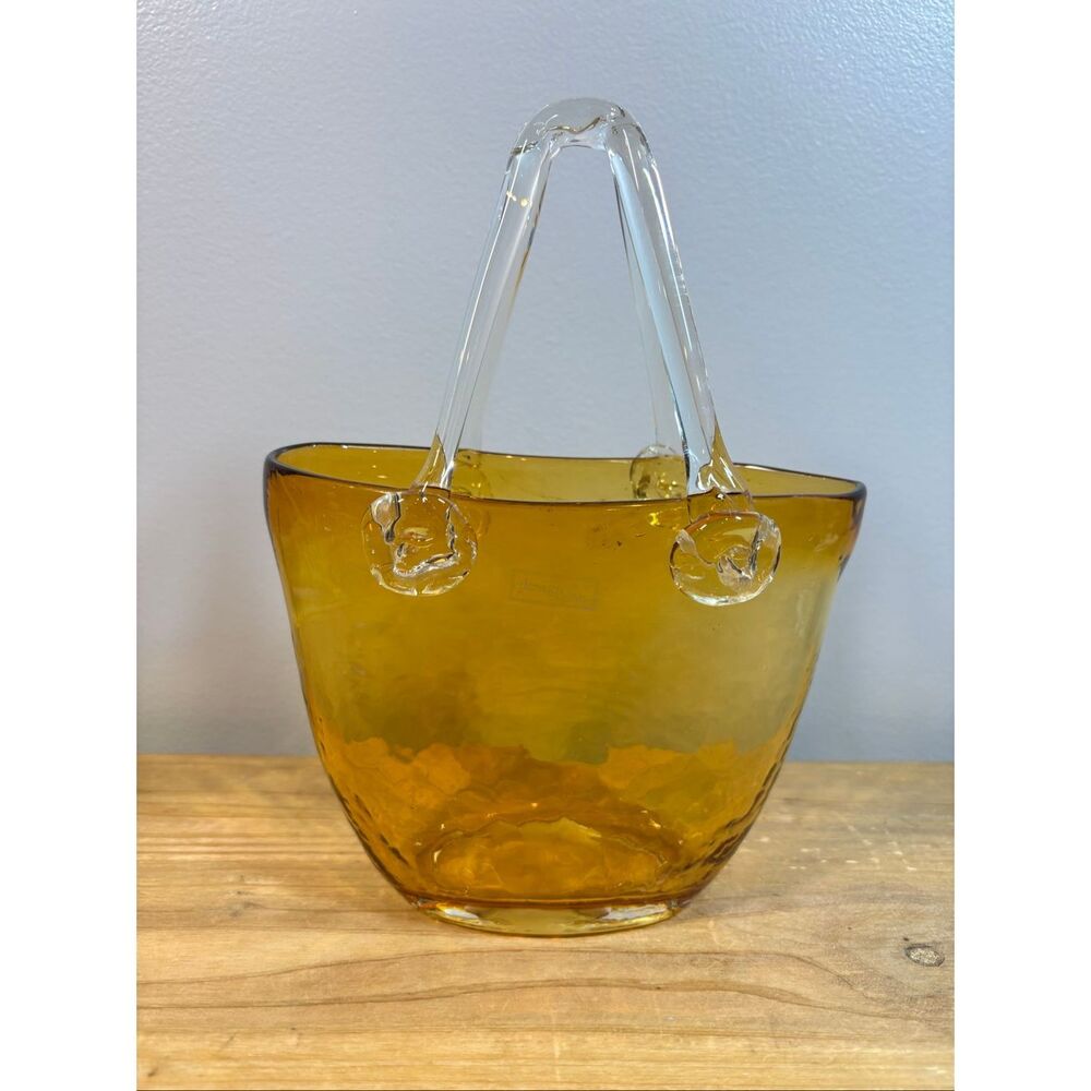 Vintage hand-blown amber art glass purse vase design Society